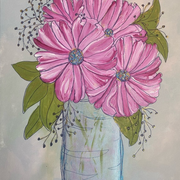 Floral Mixed Media Art with Pink Blooms 18 X 24 inches. Ready to hang - Picture 5 of 8